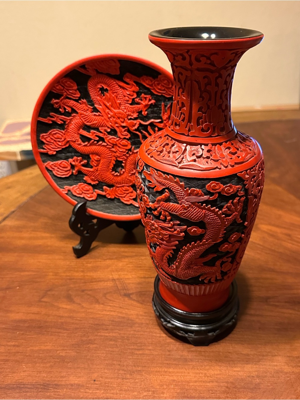 Vintage Cinnabar Dragon Vase & Plate Set Red & Black
